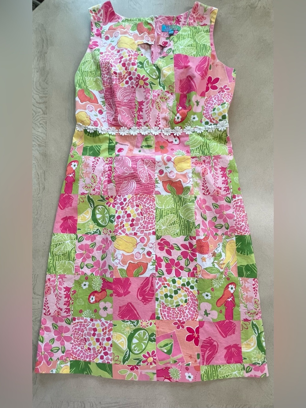 Vintage Y2K 97 % Cotton Tahiti Reef Club Tropical Patchwork Shift Dress Sz Small
